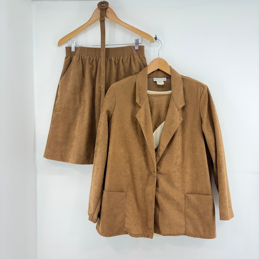 Separate Scene Brown Faux Suede 3 Piece Skirt Suit Set Women 14 L Vintage Co-Ord
